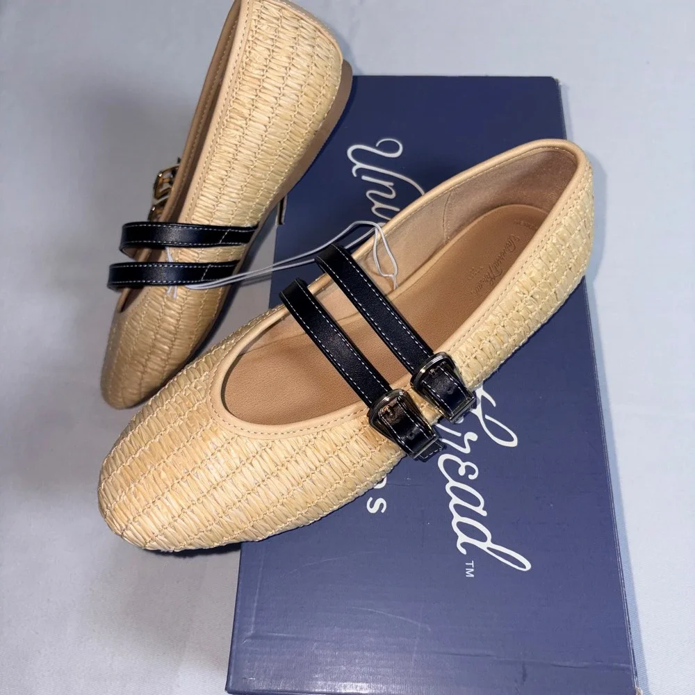 Universal Thread Henrietta Mary Jane 6.5 Tan New Woven Straw Double Buckle Flat